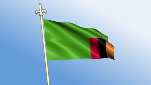 Zambia National Flag Waving In Wind Against Blue Sky
