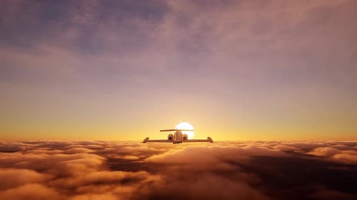 Private Jet Flying Above Golden Clouds Towards Sunset