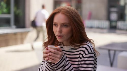 Portrait of Young Happy Woman Enjoy Fragrant Drink in Cafe Smiling Relaxed Redhead Female Restaurant