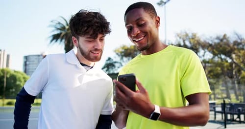 Men, friends and phone at tennis court, laugh and talk on break with meme at fitness club