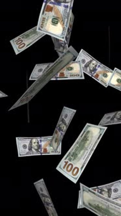 Falling Money Rain Loop - American 100 Dollars Modern Bills - III - Vertical Screen - Alpha Channel