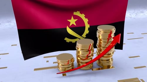 Angola Flag With Gold Coins Tower And Up Arrow
