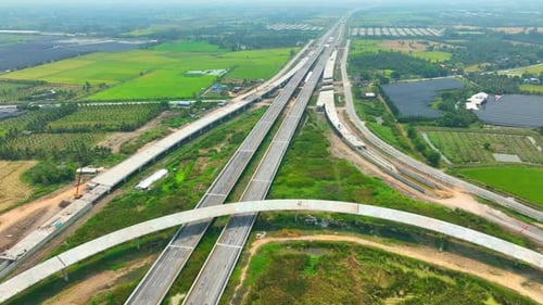 Motorways road construction site from drone aerial view