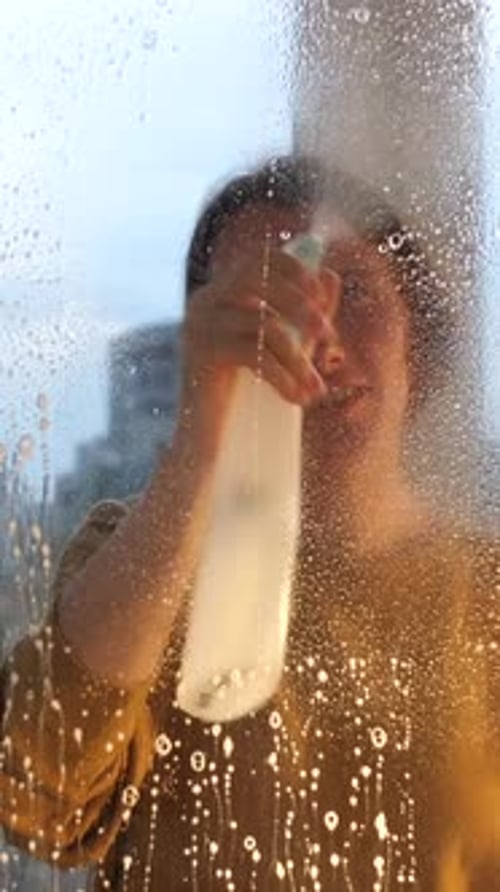 Vertical Video Young Smiling Woman Sprays Detergent on Window Glass