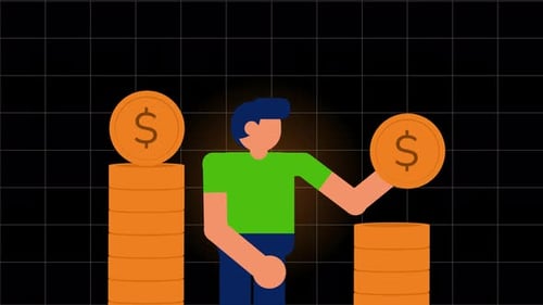 Animated Man Stacks Gold Coins in Flat Design Style