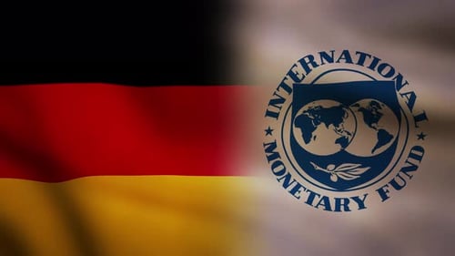 Waving Germany Flag and International Monetary Fund Logo
