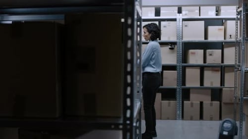 Male and Female Warehouse Inventory Managers Check Stock of Cardboard Boxes on Shelves. In the Back