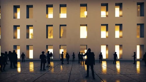 Corporate Building and City Skyline with Moving Business Silhouettes