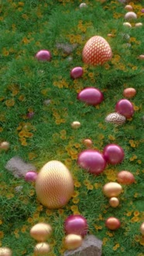 Animated 3D Easter Eggs in Green Field with Sunset Sky