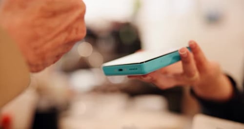Hands, smartphone and machine for payment in cafe with service, budget and bills in morning