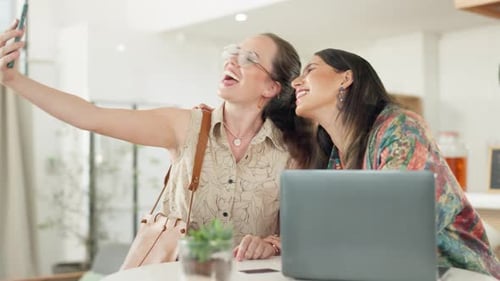 Friends smile, reunion at coffee shop and selfie, happy together, love and bonding with smartphone