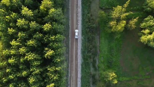 Top-Down Zoom-Out of a White Car Driving on a Dirt Road Through Lush Forests and Nature