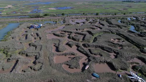 Scenery Of Salt Marshes Of The River Blackwater In Tollesbury Marina, Essex, United Kingdom. Aerial