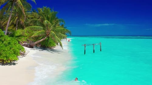 Paradise white sand beach, turquoise ocean, green palm trees and blue sky with clouds on a sunny day