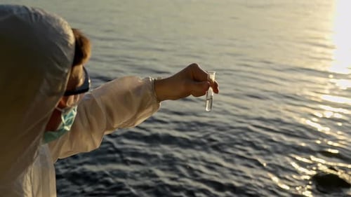 Researcher Holding Water Sample Test Tube Near Ocean
