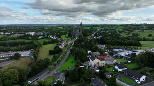 St. Cathedral, County Monaghan, Ireland, September 2022. Drone pushes across the town passing above