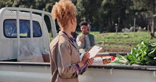 Vegetables, inspection and woman with clipboard, farm and growth of crops