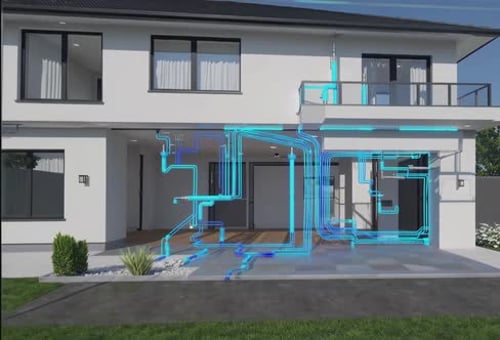 Futuristic Building Blueprint with Glowing Pipe System