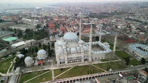Suleymaniye Mosque and the European side of Istanbul fly above shot