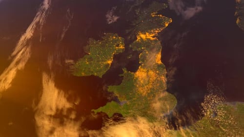 Ireland From Space At Sunset. Uk From Space Orbit. Planet. Globe