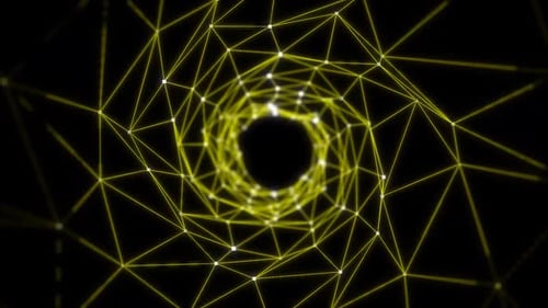 Abstract yellow color plexus tunnel background. Network connected data tunnel background animation .