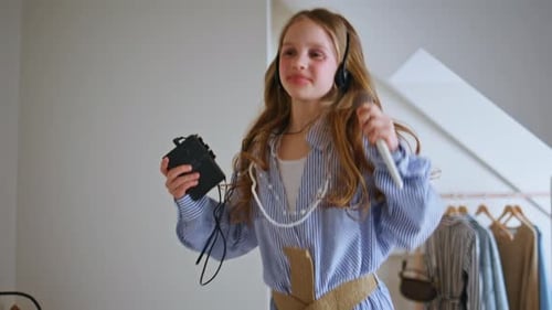 Girl Dances with Music Player in Bedroom