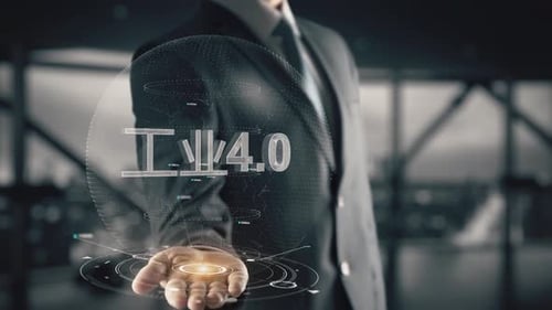 Industrie 4 0 in chinesischer Sprache mit Hologramm für Geschäftsleute
