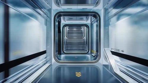 Futuristic spacecraft interior with sleek metallic corridor and windows
