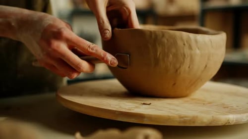 Beautiful female hands leveling a clay product with a knife on a table in a pottery workshop