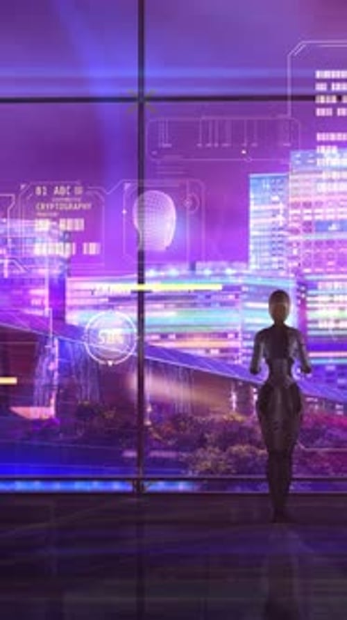 Futuristic Robot with Holographic Data Interface in Cityscape