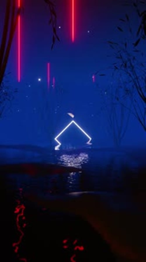 Abstract Neon Geometric Reflections in Dark Futuristic Environment