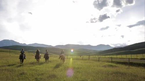 Female Ranchers Horseback Riding in Sunny Rural Field Animals