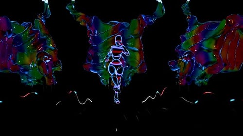 Colorful animated VJ loop featuring vibrant figures and bull designs at night