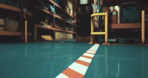 Warehouse Interior with Colorful Flooring and Stored Items Visible on Shelves
