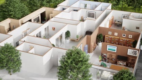 Overhead View of Modern House Floor Plan with Interior Details