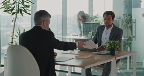 Adult Caucasian Employee Participating in Job Interview Corporate African Recruit Agent Man