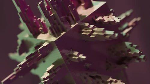 Metallic Cube Structure Rotating Slowly Revealing Complex Geometric Design with Extruding Blocks