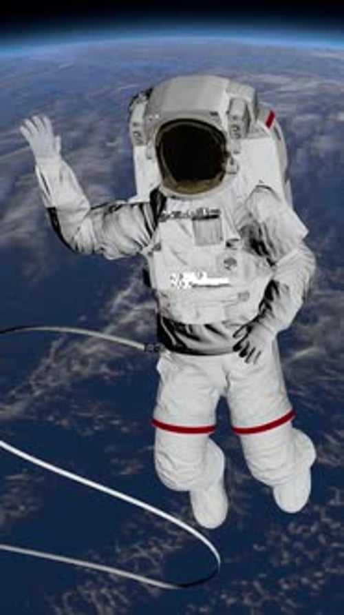 Astronaut Spacewalk, waving his hand in the open space.
