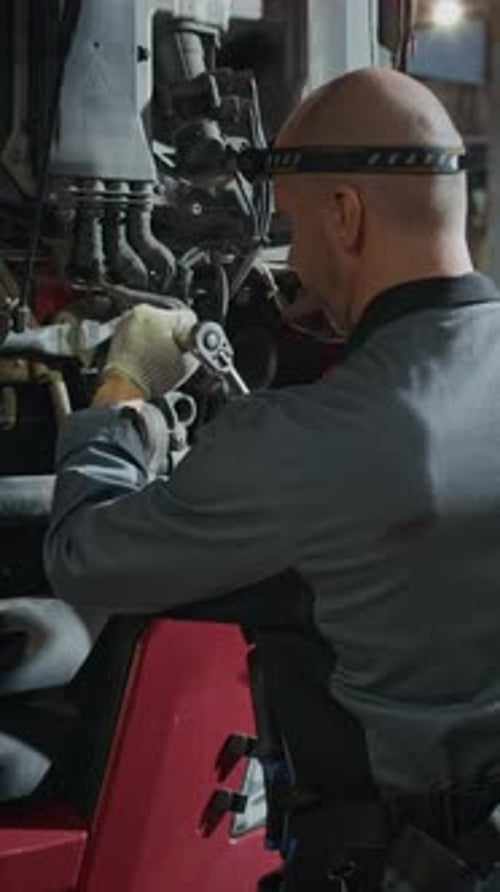 Male Mechanic Repairing Truck Hood in Auto Repair Shop