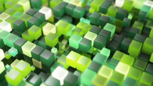 Geometric Green and White Cubes Bouncing Slightly Glowing on Pristine White Background Creating