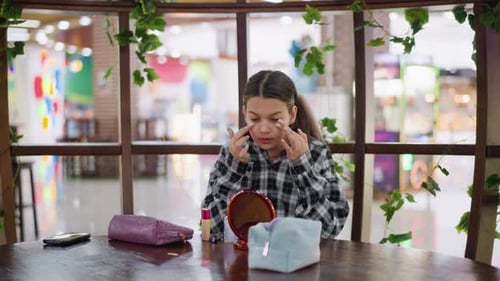 Young Woman Applying Makeup at Table