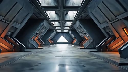 Futuristic corridor leading to a bright triangular opening