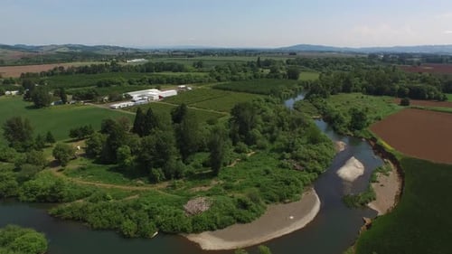 Yamhill river flows through agricultural land in beautiful Oregon on a summer day