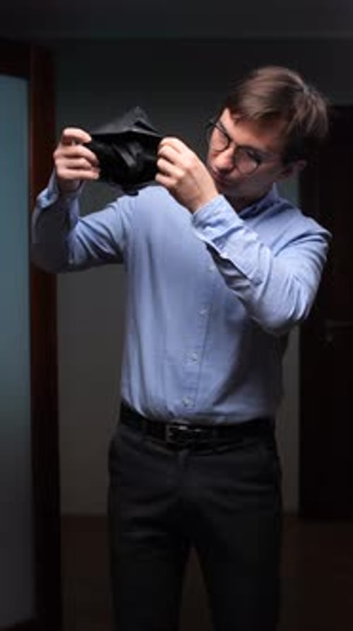 Vertical Video Office Worker Checking Empty Wallet Experiencing Financial Problems