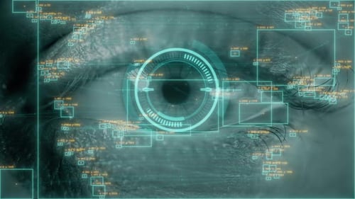 Blue Digital Eye with Biometric Data Future Innovation Face Identification Hitech Technology Total