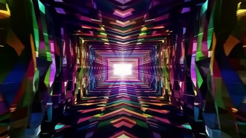 Tunnel de cristal géométrique coloré vers une lumière vive