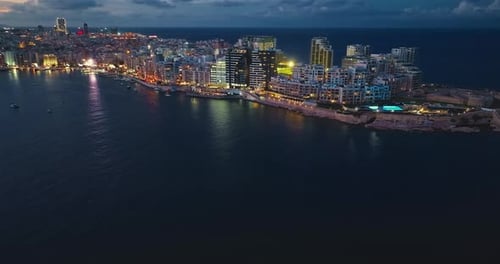 Aerial View of Sliema at Night Buildings and Apartments in the Night Lights Malta