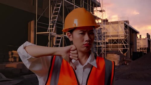 Asian Female Engineer Showing Thumbs Down Gesture And Shaking Her Head At Building Site