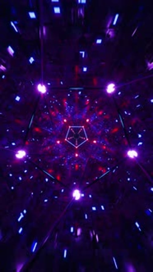 Neon Futuristic Vertical Tunnel with Glowing Geometric Light Structure. 3D rendering