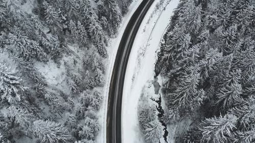 Mountain Road in the Winter Forest Top View Car Rides